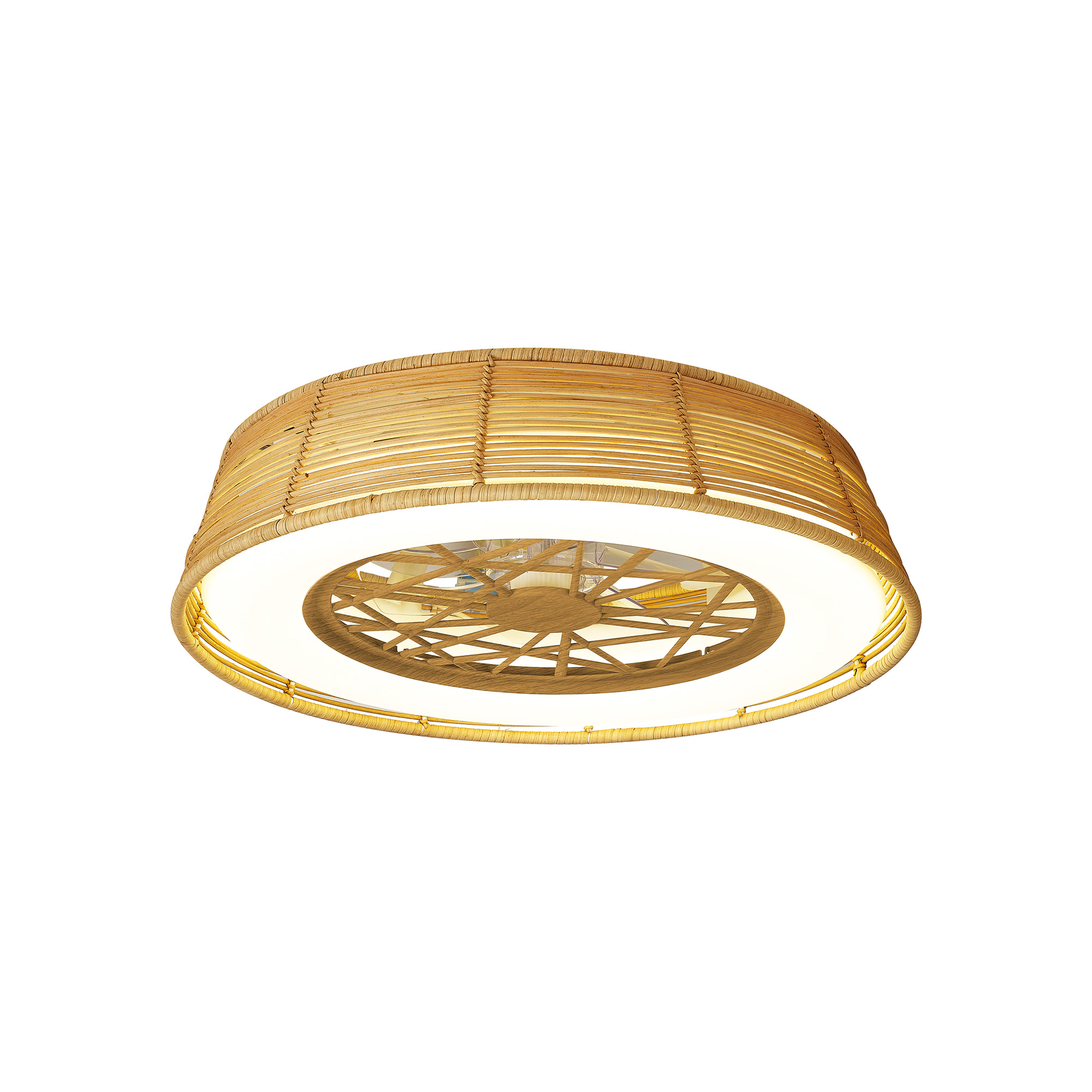 M8225  Indonesia Mini 55W LED Dimmable Ceiling Light & Fan, Remote Controlled Beige Rattan